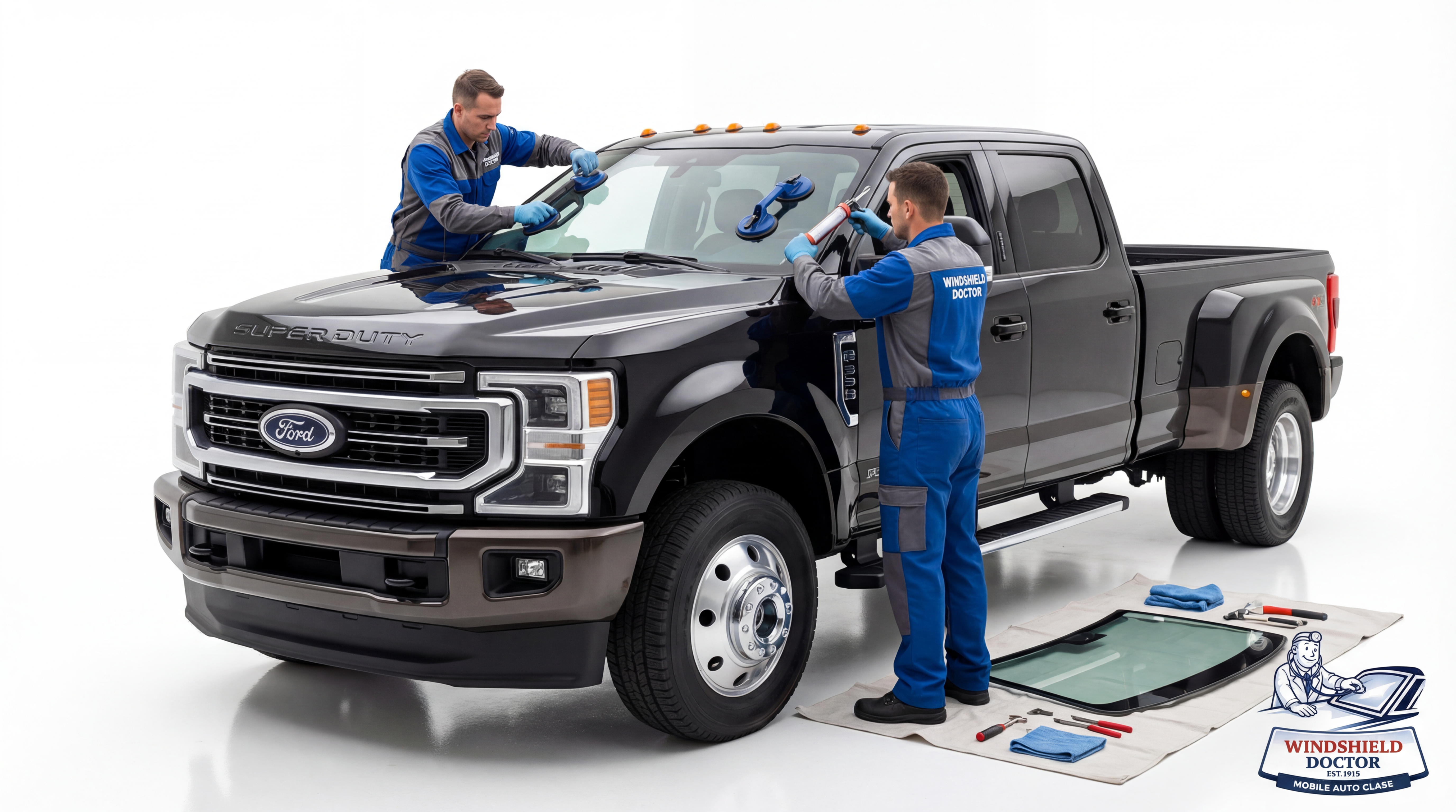 Windshield Doctor technicians replacing a windshield on a Ford Super Duty truck